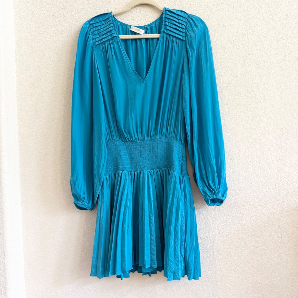 Ramy Brook Turquoise Blue Smocked Waist Pleated V-Neck Mini Dress Small